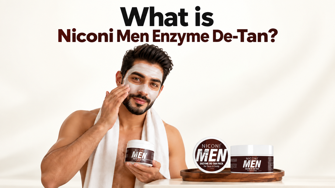 Niconi Men Enzyme De-Tan Pack for Face and Body, a 300 gram enzyme and AHA based tan removal cream for men.