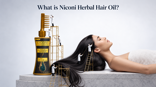 Niconi Herbal Hair Oil 200ml with comb and spray applicators for hair fall, dandruff and hair growth care.