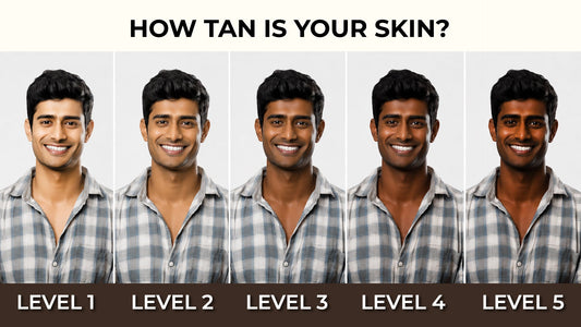Five visible face tan levels from light to deep in Indian men