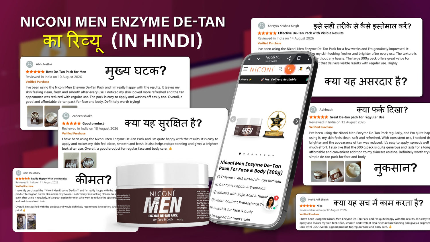 Niconi Men Enzyme De-Tan Pack – पुरुषों के लिए टैन रिमूवल पैक, चेहरे और शरीर की टैनिंग कम करने में मदद करता है.