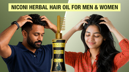 Niconi Herbal Hair Oil for men and women applying herbal hair oil with comb applicator for hair fall and hair growth