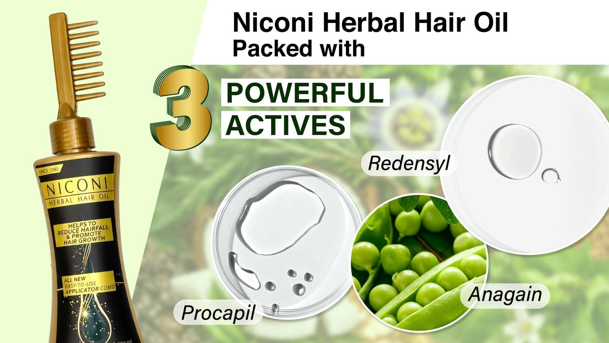 Niconi Herbal Hair Oil Ingredients: 3 Powerful Actives That Target Hair Fall and Hair Growth (Procapil, Redensyl, Anagain)