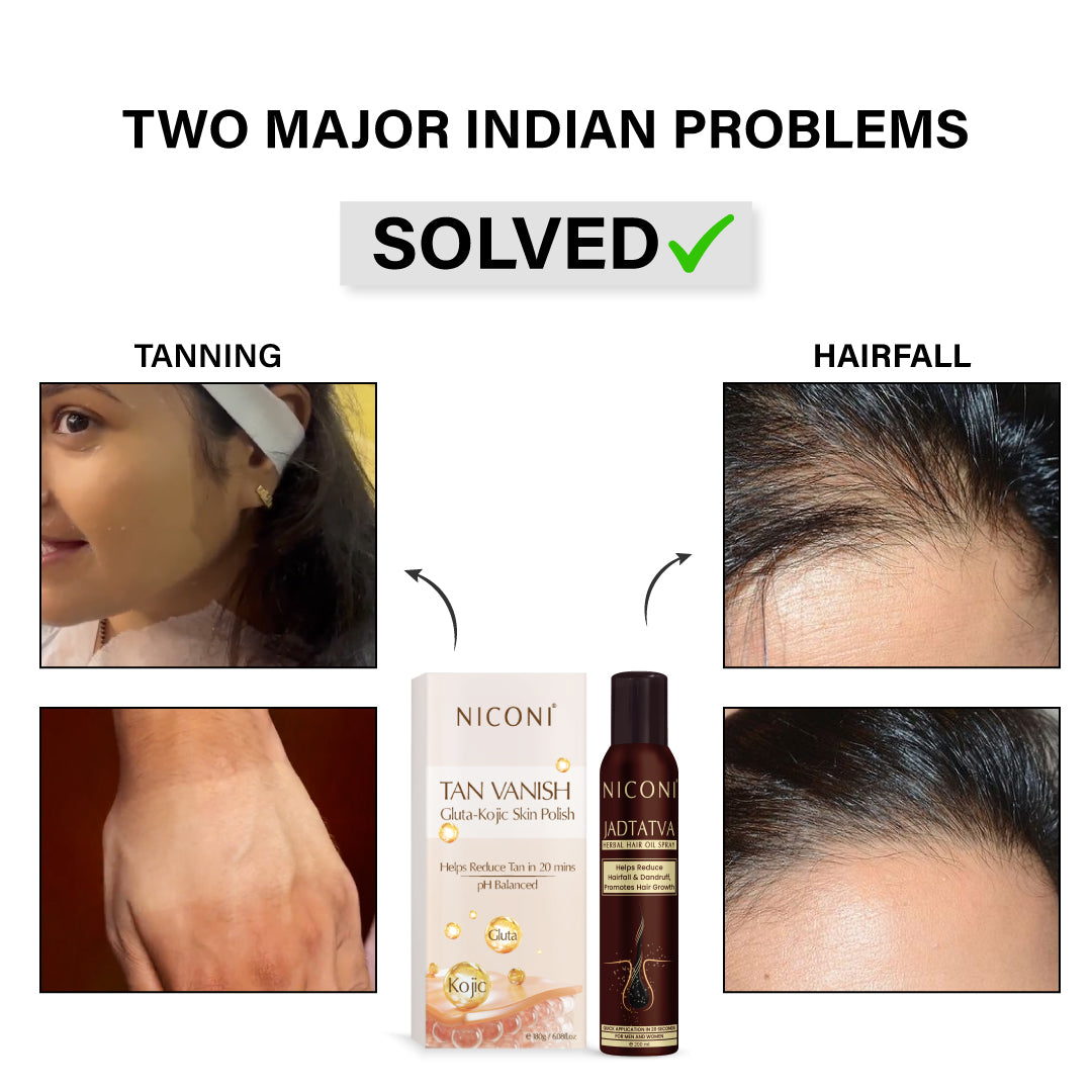 Niconi Tan Vanish Gluta-Kojic Skin Polish & Niconi JADTATVA Herbal Hair Oil Spray Combo