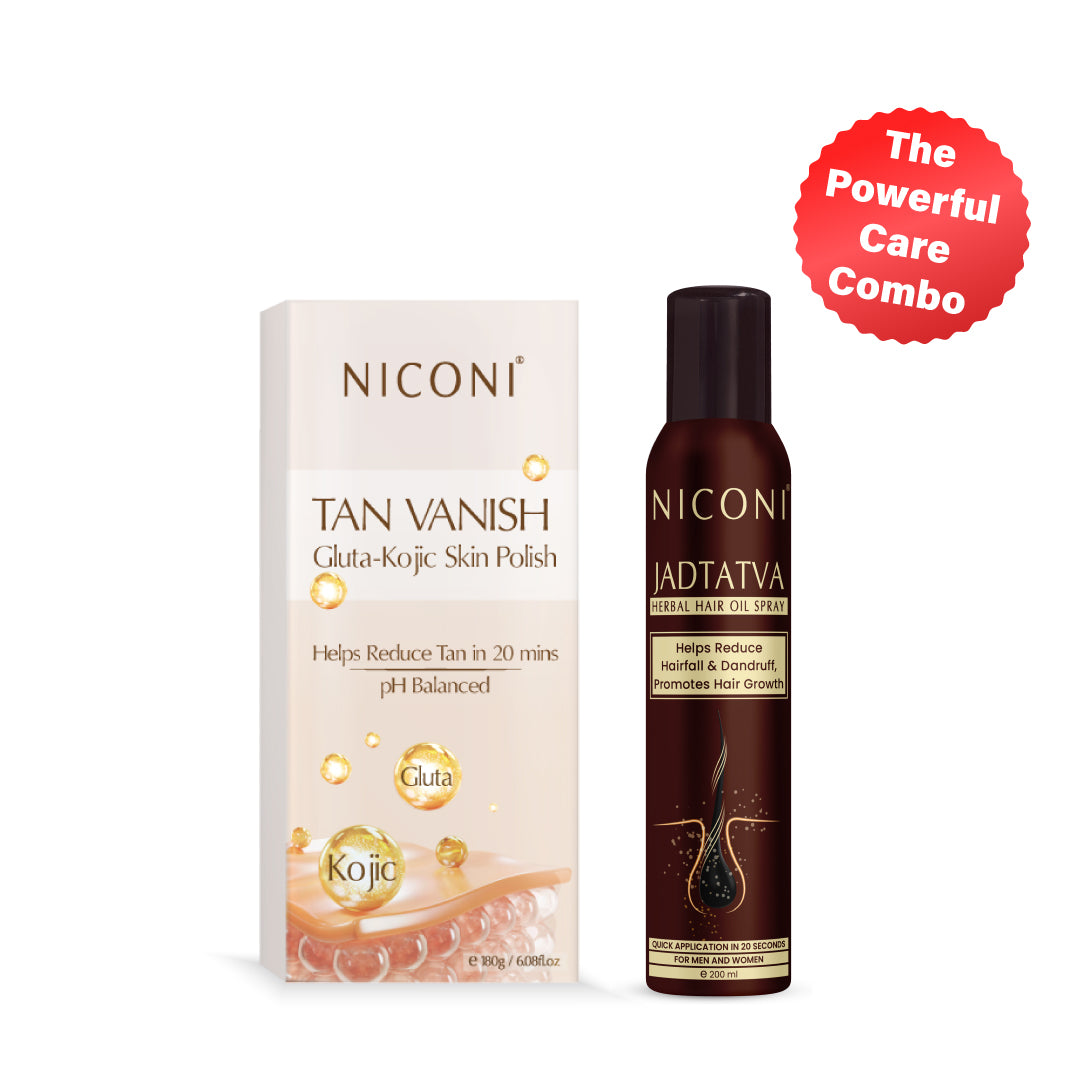 Niconi Tan Vanish Gluta-Kojic Skin Polish & Niconi JADTATVA Herbal Hair Oil Spray Combo