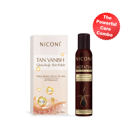 Niconi Tan Vanish Gluta-Kojic Skin Polish & Niconi JADTATVA Herbal Hair Oil Spray Combo