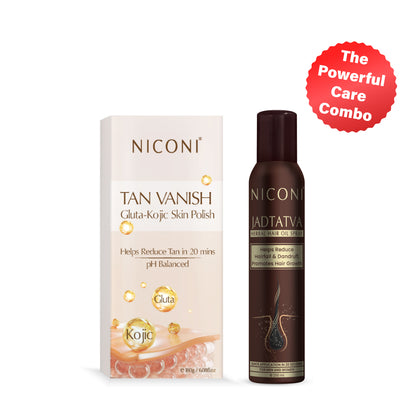 Niconi Tan Vanish Gluta-Kojic Skin Polish & Niconi JADTATVA Herbal Hair Oil Spray Combo