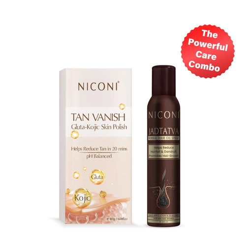 Niconi Tan Vanish Gluta-Kojic Skin Polish & Niconi JADTATVA Herbal Hair Oil Spray Combo