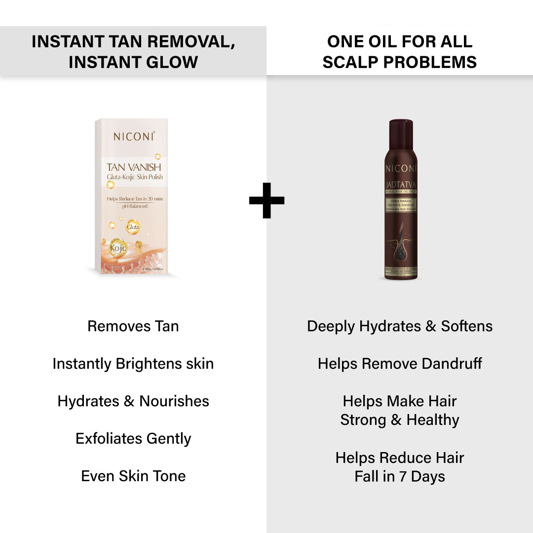 Niconi Tan Vanish Gluta-Kojic Skin Polish & Niconi JADTATVA Herbal Hair Oil Spray Combo