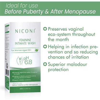 NICONI Feminine Intimate Wash Ph 6.8 For Older Women Aged 50+ And For Younger Women Before Puberty With Aloe Vera (200 ml)